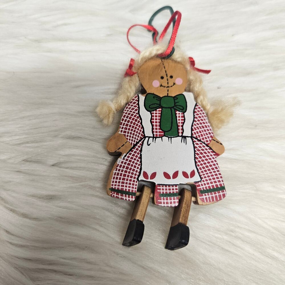 Vintage Wooden Christmas Tree Ornament Girl Blonde Pigtails Folk Art Painted